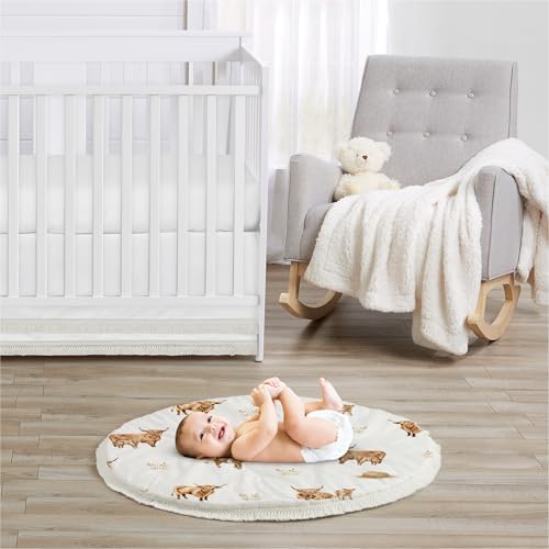 Image of Sweet Jojo Designs Baby Play Mat (Boho Highland Cow) for Girls /Boys, Infant, Toddler Padded Floor Mat, Tummy Time Activity, Newborn Essentials Round Playmat for Babies (Farm Animal, Rustic Farmhouse)