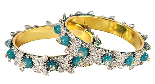 Image of LAVAZZA Stylish Butterfly Design Golden Metal with Zircon Diamond & Pearls Moti Bangles Kada For Women & Girls | Traditional Girl's Bangles Bracelet | Women's Kangan Wedding, Party-Set of 2