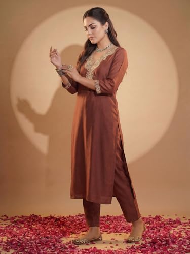 Image of INDO ERA Women's Silk Blend Embroidered Zari Work Straight Kurta & Pant Set | Cord Set For Women