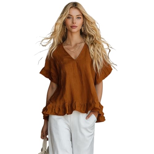 Womens Short Sleeved Dressy Top V Neck Ruffle Sleeve Loose Fit Summer Outfits Business Work Tops Beach Vacation Clothes (Brown,Medium)