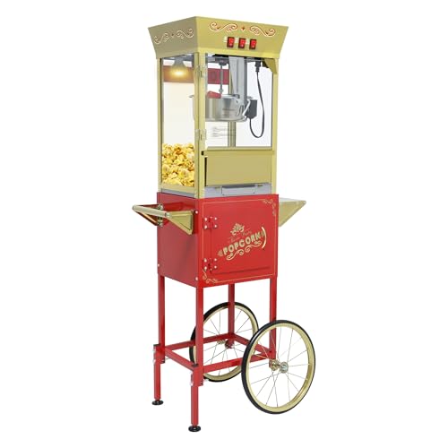 Image of 12 oz Popcorn Machine Cart - Commercial Vintage Popcorn Maker with Storage Stand, Stainless Steel Kettle & Tempered Glass, Ideal for Home Theater, Party Concessions and Carnival Events (Red)