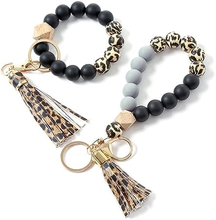 Alysha 2PCS Silicone Beaded Bracelet Keychain, Key Ring Bangle Wristlet Keychain with Leather Tassel for Women/Girls (Leopard)