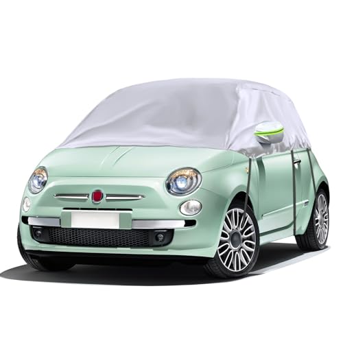 Opaltool Telo Copriauto Mezza Copertura Adatta per 2007-2023 F-iat 500, Argento Mezza Copertura Auto con Ganci Regolabili e Tappi per le Orecchie con Striscia Riflettente