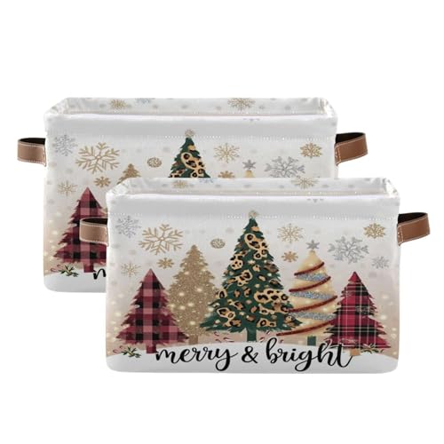 Image of Christmas Tree Golden Leopard Storage Basket with Waterproof Liner and PU Handles Winter Cheetah Snowflake Storage Boxes 14.2 inch Collapsible Decorative Organizer Baskets for Bedroom Closet Office 2 Pack
