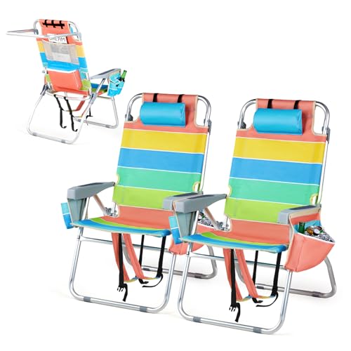 VINGLI Tall Beach Chair 2 Pack Lightweight Backpack Beach Chair for Adults with 5-Position Cooler Bag Cup Holders Towel Bar Folding Beach Camping Chairs16-Rainbow