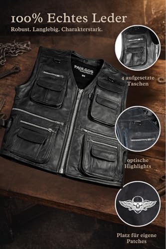 PAULGOS Lederweste Weste Kutte Leder Biker Rocker Motorrad Clubweste Bikerweste Motorradweste Schwarz BW11 (DE/NL/SE/PL, Alphanumerisch, S, Regular, Regular, Schwarz)