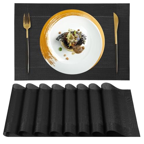 Gucass Set of 8 Placemats, Washable, PVC Place Mats, Wipe Clean Place Mats, Placemats, Tear-Resistant, Heat Resistant, Non-Slip, Table Mats for Kitchen, Restaurant, Dining Table, 45 x 30 cm (Black)