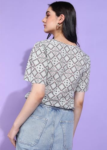 Image of Yash Gallery Women's Cotton Geometrical Print Waist Lengtth Square Neck Short Sleeves Regular Fitted Top