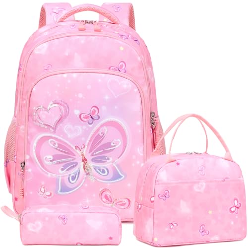 Kimwadalh Cartable Filles Papillon Sac à Dos Papillon Enfants Sacs d'école Filles Set de Sacs d'école pour Cartable Fille Primaire 1-3 Classe,Voyage...