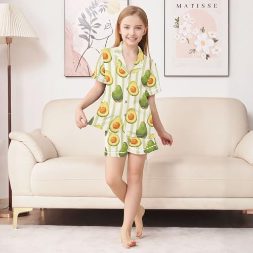 ALAZA Cartoon Avocado Striped Green Satin Pajamas Set Short Sleeve Button Down Sleepwear Summer Pjs 2 Piece3