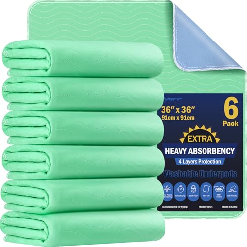 6 Pack 36” x 36” Extra Heavy Absorbency Washable Underpads, Waterproof Quick Drying Nursing Pads Incontinence Bed Pads, Reusable Washable Pee Pads for Dogs, Diaper Changing & Adults