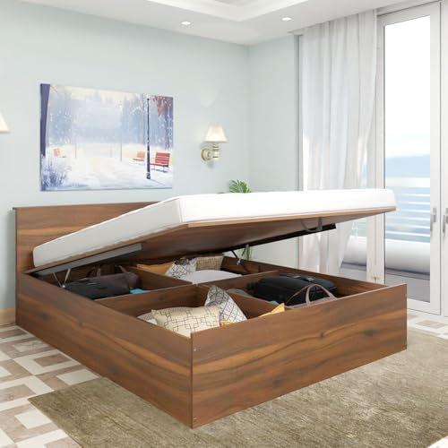 Image of VIKI Hydraulic King Size Bed with Storage (70x80) | Engineered Wood Hydraulic Lift Wooden Bed Frame for Bedroom | Modern Storage Cot | Brussel Walnut Finish | Free Assembly | 1 Year Warranty