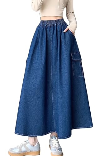 chouyatou Women's Cute Elastic High Waist Swing Jean Skirt A Line Long Midi Flare Denim Skirt with Pockets