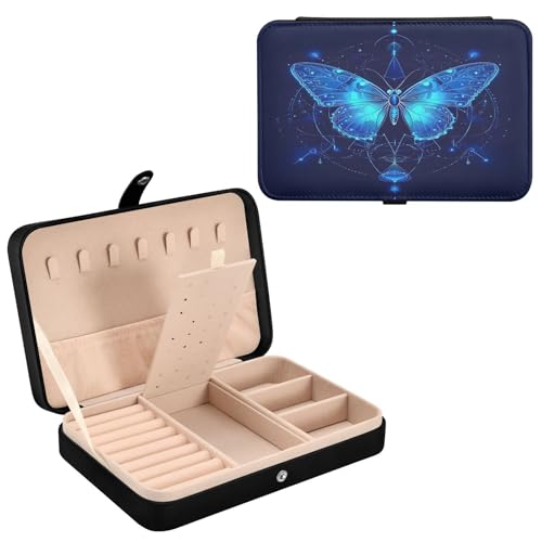 Haskirky Blue Neon Butterfly Jewelry Box Portable PU Leather Travel Jewelry Organize for Women Jewelry Storage Display Holder for Ring, Necklace, Earring