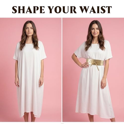 Axafazup Women Obi Waist Belt, Gold Faux Leather Wide Wrap Around Obi Belt, Fashion Adjustable Self Tie Waist Belt for Dresses and Blouses - Thumbnail 4