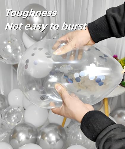 Image of 300 Pack White and Silver Balloons 12 Inch Silver Confetti Balloon for Various Party Events Decorations