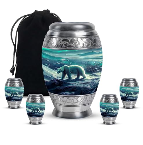 Image of Polar Bear Tiny Urns For Human Ashes - Burial Urn For Adult Human Ashes - Large Urns For Human Ashes Adult - Burial Urn Adult Human Ash - Decorative Urn - 1 Large & 4 Small - Decorative Urns