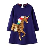 Toddler Girl Long Sleeve Dress Cotton Casual Change Sequin Unicorn Applique Blue Basic Tunic Jersey Shirt Dresses 3T