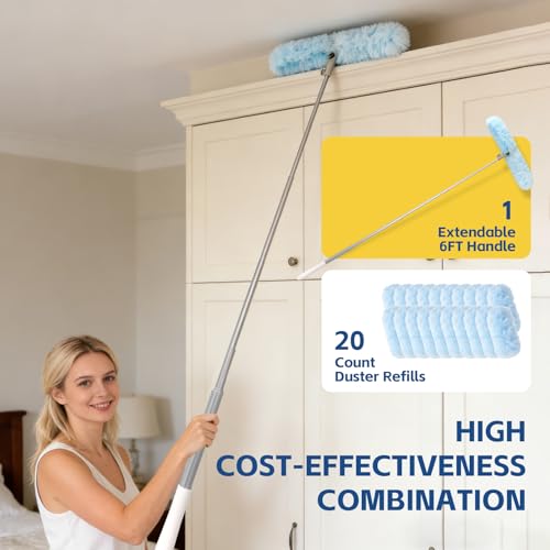 Image of 6 ft Duster Extended Handle with 20 Pcs Duster Refill for Swiffer, Duster with Extension Pole, Heavy Duty Duster Refills Kit for Ceiling Fan Blades, Cleaning, Furniture, Blind, Hard-to-Reach Areas