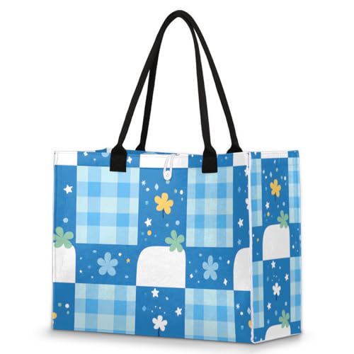 Blue Flowers Plaid Tote Bag for Women Large Beach Bag Reusable Tote Bags for Work Travel Beach Shopping