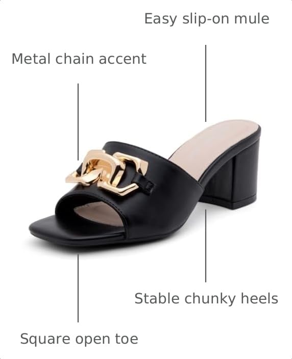 Image of Shoe Land Women's Low Block Heels 2025 - Square Open Toe Slip-On Mules with Metal Chain, Comfortable Chunky Dressy Heeled Slides for Wedding, Office, Party & Everyday Wear