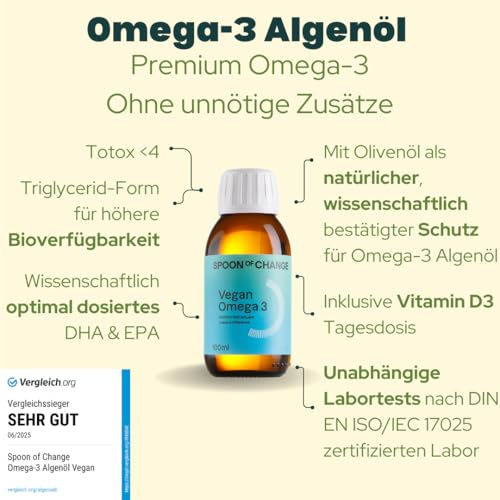 Foto von Premium Omega-3 Algenöl Vegan (2900mg pro Tag) - Hochdosiert - mit Zitrone - DHA & EPA - Wissenschaftsbasiert, Laborgeprüft - Nachhaltig - Mit Vitamin D3 fürs Immunsystem - Spoon of Change®