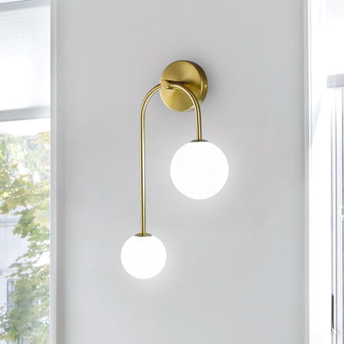 Image of Milk Glass Wall Sconce Gold Wall Sconces Set of Two Mid Century Modern Sconces Wall Lighting 2 Light Globe Sconce for Bedroom Living Room Hallway Wall Light Fixtures