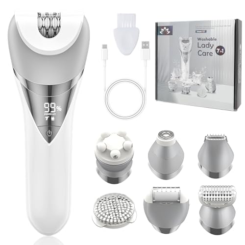 Épilateur Électrique Femme, 7 en 1 Rasoir Électrique Femme sans Fil avec 2 Vitesses, Affichage LED Rechargeable Épilateur Humide et Sèche pour Visage, Jambes, Bras, Aisselles, Bikini