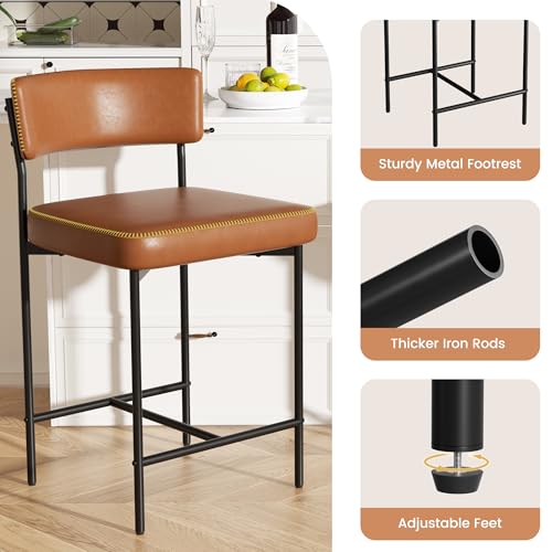 Image of Bar Stools Set of 5, Faux Leather Counter Height Barstools with Curved Back, 25 Inch Upholstered Bar Chairs, Modern Counter Stools for Kitchen lsland, Caramel