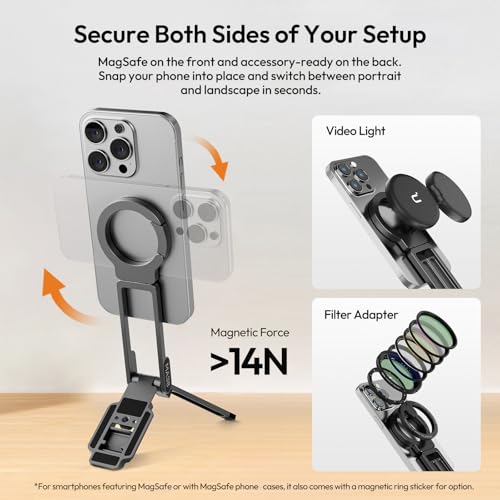 Image of ULANZI MA38 Magnetic Phone Tripod for iPhone, Portable Phone Holder Mini Tripod for Magsafe with Double-Sided 1 /4'' Screw Arca Uka Port Foldable Hook for iPhone 17 /16 /15 /14 /13 /12, Travel Vlog Black