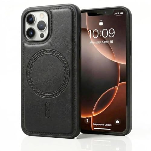 Image of amazon basics Premium PU Leather Case for iPhone 12 Pro Max, MagSafe Compatible Magnetic Ring, Sleek Protective Back Cover - [Black]