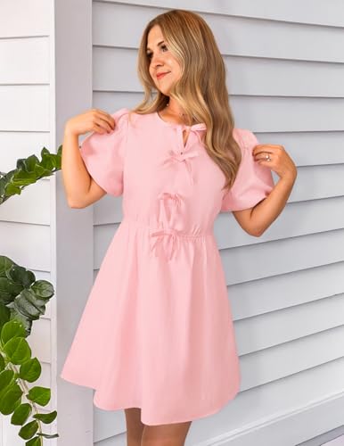 Image of ZESICA Women's Summer Short Sleeve Tie Front Mini Dress Babydoll Ruffle Pleated A Line Vacation Graduation Short Dresses