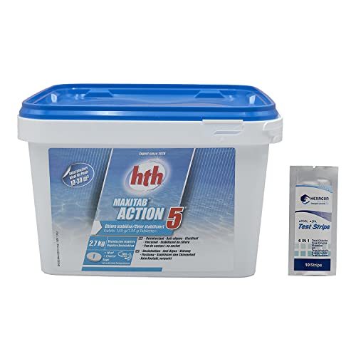 HTH MAXITAB Action 5 Galet 135g - 2,7kg | Chlore Lent Stabilisé Multiaction - Désinfection Régulière Multifonction - Dissolution Lente + 10 Tests HPS...