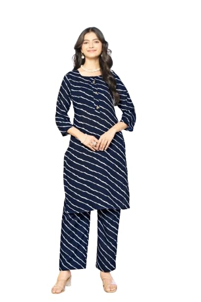 Women's Navy Blue Leheriya Striped Kurti with Palazzo Pant Co-ord Set, 3/4 Sleeve-picture-43