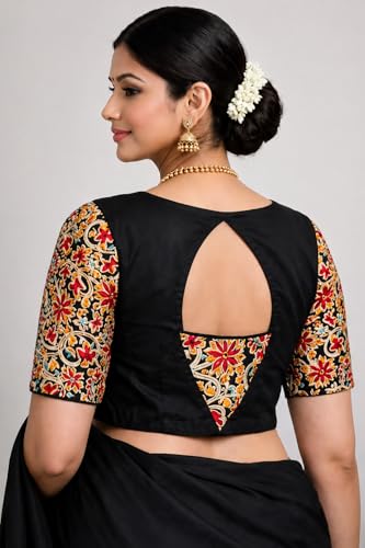 Women's Black Saree Blouse with Floral Embroidered Sleeves, Back ...