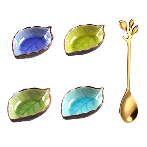Winlauyet 4 Pcs Ceramic Sauce Dishes Dip Bowls with Spoon Leaf-Shape Mini Bowl Set Dish Tableware Condiment for Sushi Tomato Sauce, Soy, BBQ-Chip and Serving Bowl Set