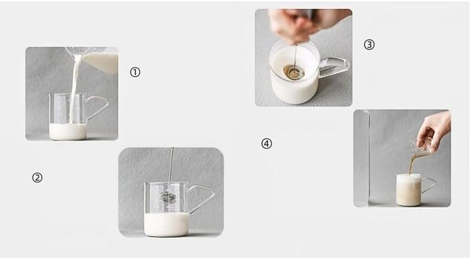 Four-step visual guide for using the Sokany frother to make frothed milk