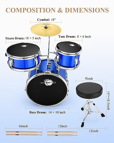 Eastar Schlagzeug 14\ 3 PC, für 3-10 Jahre Kinde, Schlagzeug Set mit Snare, Tom, Bass Drum, Bass Drum Pedal, Thron, Becken, Drumsticks, Spiegel Blau