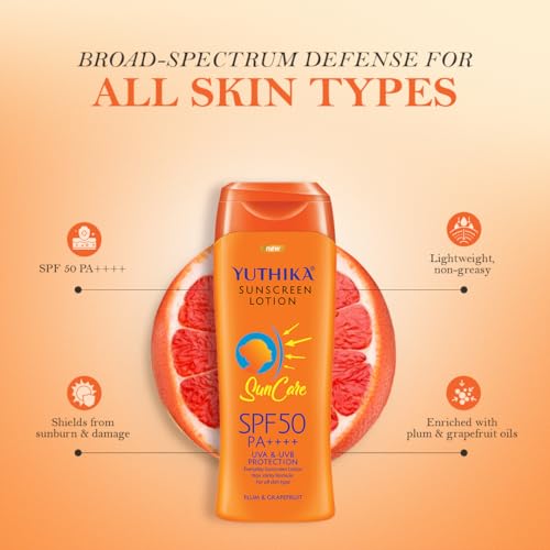 Image of Yuthika Sunscreen Lotion SPF 50 PA+++ 100ml | High Protection, Non-Greasy Formula, UVA & UVB Protection for all Skin Types (Pack of 1)