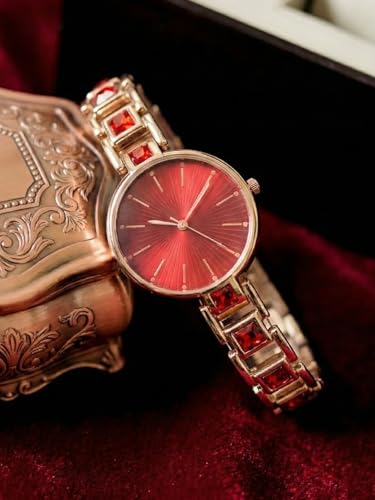 Image of AMERICANVIBER Red Diamond-Studded Women's Analog Watch with Adjustable Strap, Stylish Round Dial Wrist Watch for Girls & Ladies, Suitable for Casual, Office, and Formal Use