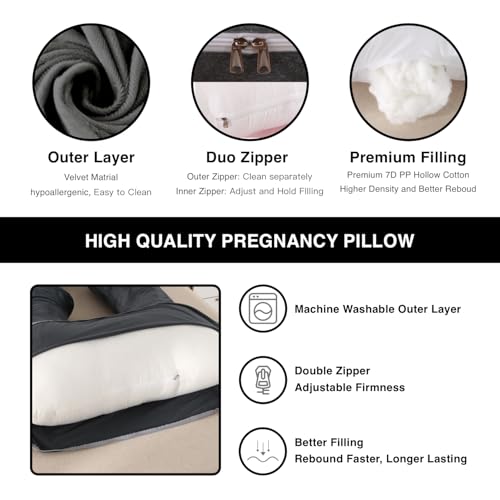 ALLOPERA Pregnancy Pillow, Full Body 57 Inch Maternity Pillow with Removable Washable Cover - Sleep Support for Legs, Back, Neck, Shoulder, HIPS, Belly for Pregnent Women, Black Grey Velvet Cover - Image 6