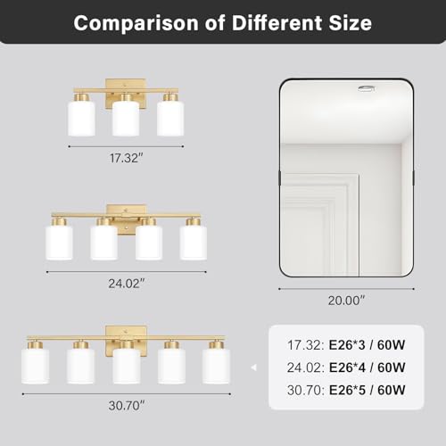 Image of FonmYim Gold Bathroom Light Fixtures, 3-Light Modern Vanity Light Over Mirror, Wall Sconces with Milky White Frosted Glass Shades, E26 Socket (Bulbs Not Included)