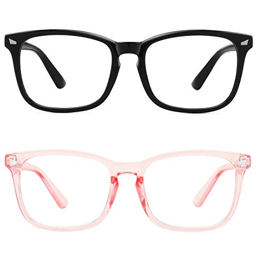 MEETSUN Blue Light Blocking Glasses, Anti Eye Strain Headache (Sleep Better),Computer Reading Glasses UV400 Transparent Lens (Black + Transparent Pink Frame/Clear Lens 2 Pack, 53)
