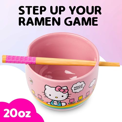 Image of Silver Buffalo Sanrio Hello Kitty Spring, Ramen Bowl with Chopsticks, 20oz | Summer Flowers, Rainbow Stripes, Ceramic, Noodle Rice, Microwave Safe, 0.59 Liters