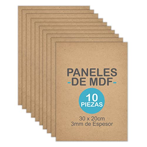 NESTQ - Pack 10 Láminas MDF 3mm – Tablero de Madera para Manualidades, Corte Láser y Pirograbado – Paneles de Madera 20x30 cm – Superficie Lisa y Fácil de Trabajar