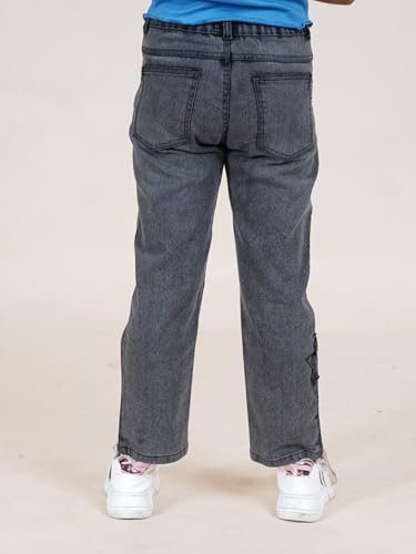 Image of KiddoPanti Girls Full Length Frayed Star Patch Washed Denim Jeans with Elasticated Waistband