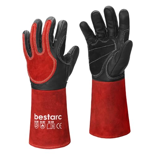 Image of bestarc Goatskin Leather Forge MIG Welding Gloves, 14 Inches 932℉ Heat Resistant Welding Gloves with Kevlar Stitching for MIG, TIG, Stick, Forge, BBQ, Grill, Fireplace (Red)