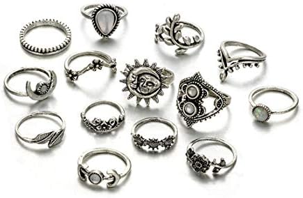 EoumyWomen Vintage Knuckle Rings Retro Moon Sun Leaf Crystal Stackable Midi Finger Ring Set