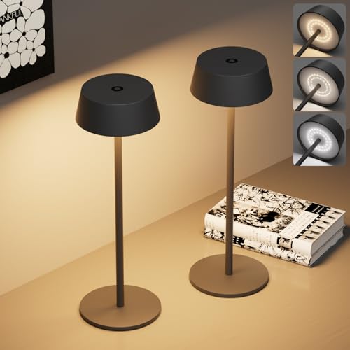 Klighten 2 Piezas LED Recargable Lámpara de mesa con batería, Regulable Antracita Lámpara de escritorio Aluminio con USB-C Carga para Interiores y Exteriore, 3000K/4000K/6000K, IP54