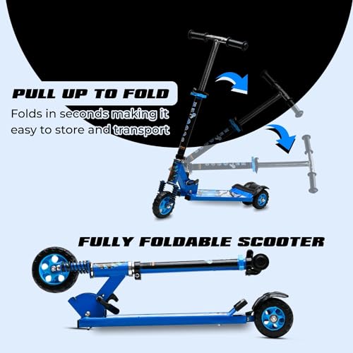 Image of Kick Steel Scooter for Kids, 3 Adjustable Height Scooter, Foldable & Attractive PVC Wheels with Rare Brakes for Kids Age Upto 3+ Years Strong Steel Base Heavy Dute Upto 70kg (with Shocker) (Blue)
